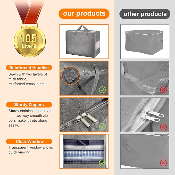 2 Pack 105L Comforter Storage Bags, Extra Large Bedding Storage Bags with Category Card and Clear Window, Reinforced Handles & Zippers, Foldable Closet Organizers for Blanket Pillow-NeatNest