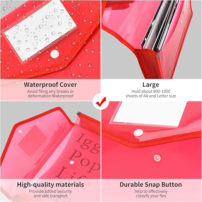 Expanding File Folder Document Organizer with Snap Button, Waterproof Transparent Document Bag, 2.8" Expansion, Letter A4 Expandable File Folder for Home Office Organization，5 Pack