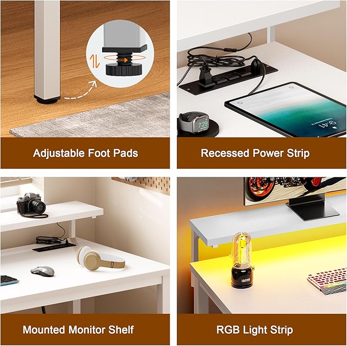 Need 60 inch Computer Desk with LED Lights & Power Outlets, Large Home Desk with Monitor Shelf, Writing Table Gaming Desk Home Office Desk, White-NeatNest