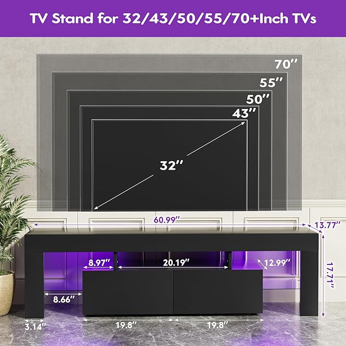 JUMMICO TV Stand, Modern Lighting TV Cabinet Entertainment Center Media and Open Shelf, TV Console Table with 1 Drawer and Remote Control, 20 Color LED Lights up to 70 Inch TV (Black)-NeatNest