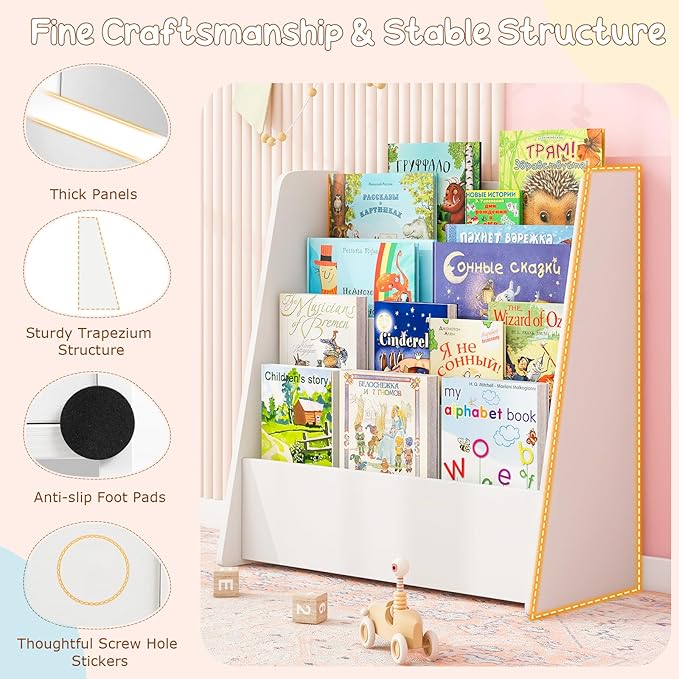 Costzon 4-Tier Kids Bookshelf, Front Facing Children Bookcase with Deep Compartments, Magazine Storage Rack for Kids Bedroom, Playroom, Nursery, Classroom, Kindergarten (White)-NeatNest