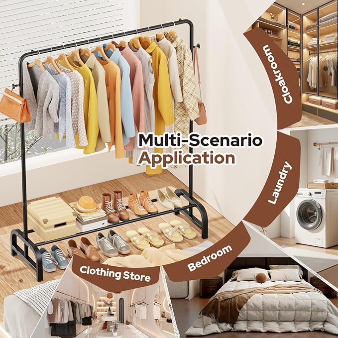 Clothes Rack With Storage Shelves: Metal Clothing Rack for Hanging Clothes, Garment Rack for Bedroom, Laundry, Living Room, Black-NeatNest