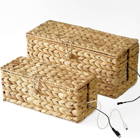 2-Pack Wicker Cable Management Box, Handmade Water Hyacinth Cable Organizer with Lid, Cord Hider Basket with 2 Slots for TV Wires, Power Strips, Surge Protector