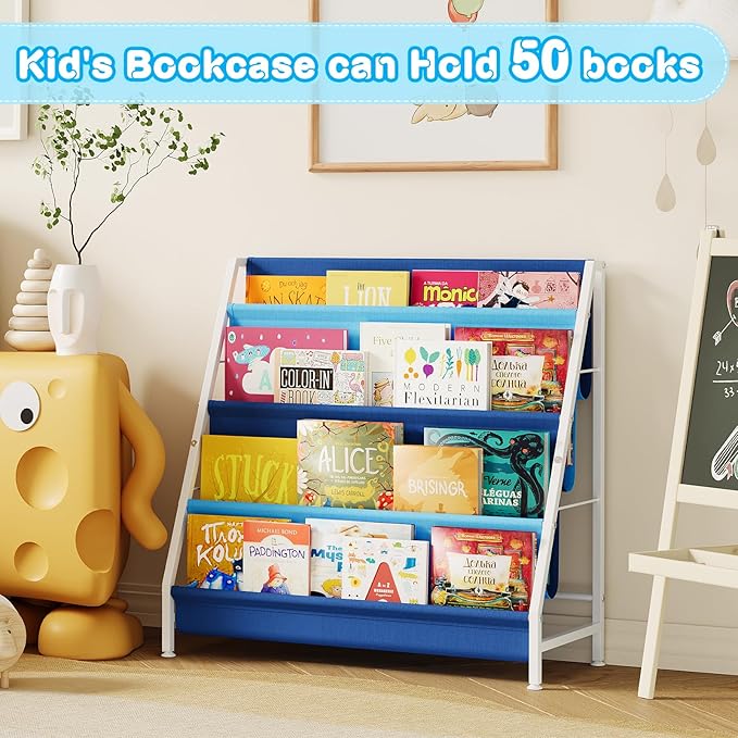 Book Shelf for Kids Rooms, Blue Montessori Bookshelf Nursery Book Shelves Toddler Children Bookshelf Metal Kid's Book Storage Organizer for Boys Room Furniture Playroom Kindergarten-NeatNest
