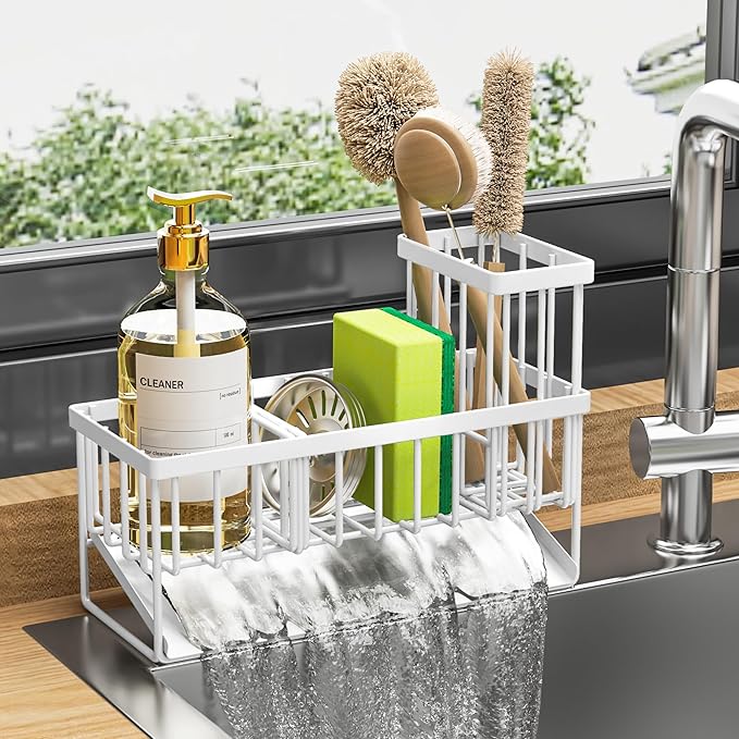 Cisily Sink Caddy Sponge Holder for Kitchen Sink, 304 Stainless Steel Rustproof, Kitchen Sink Caddy with High Brush Holder, Kitchen Sink Organzier Dish Sponge Organizer with Divider(White)-NeatNest