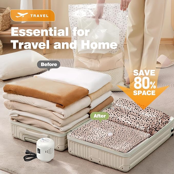 16 Pack Travel Vacuum Storage Bags with Electric Pump, 3 Large + 6 Medium + 7 Small Vacuum Sealer Bags, 80% Space Saver Bags for Luggage, Comforters and Blankets, Travel Essentials(Beige Leopard)-NeatNest