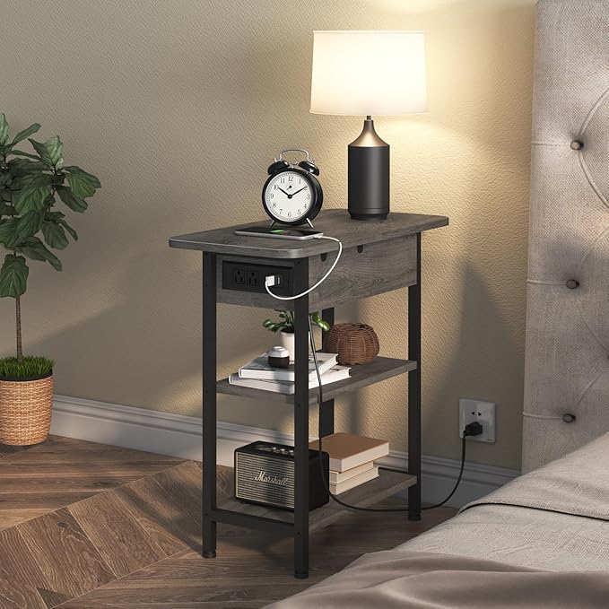LIDYUK End Table with Charging Station, Flip Top Side Table with USB Ports and Outlets, Nightstand for Small Spaces, Bedside Tables with Storage Shelf for Living Room, Bedroom, Dark Grey