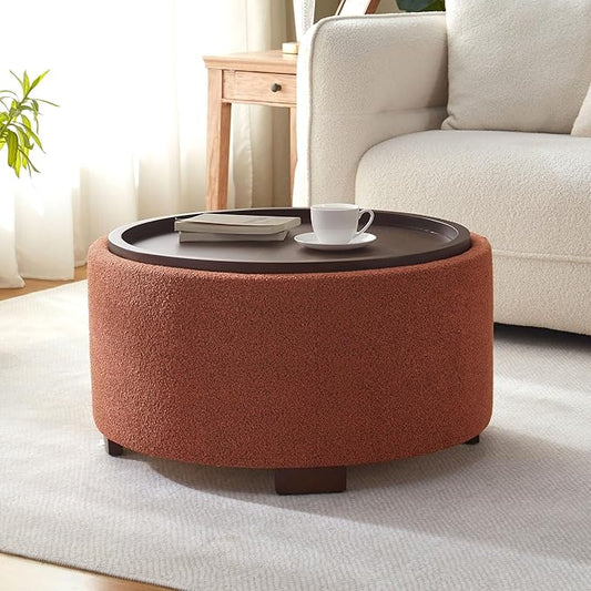 30 Inch Round Storage Ottoman Coffee Table, Modern Boucle Ottoman with Lift-Off Lid and Solid Wood Legs for Living Room, Bedroom, Corners, Apartments (Orange)