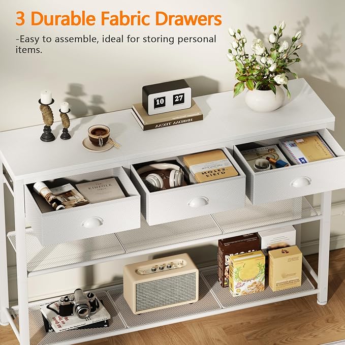 Furologee White Entryway Table, 38'' Console Sofa Table with 3 Fabric Drawers, Industrial Entry Way Table with Storage Shelves, Display Shelf for Living Room, Hallway, Entrance, Foyer-NeatNest