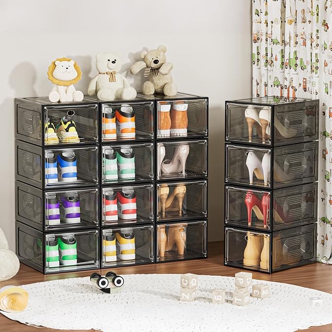 6 Pack Thicken Shoe Organizer Stackable,Upgraded Sturdy Shoe Storage Box with Magnetic Door,Shoe Containers For Sneaker Display,Hat Organizer,Black-NeatNest