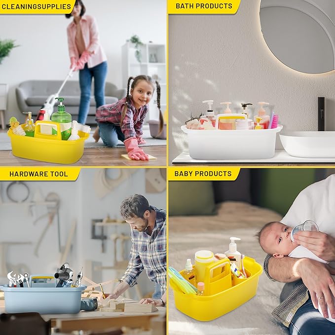 Cleaning Supplies Caddy Organizer with Handle Plastic Tool Storage Basket for Bathroom, Kitchen, Under Sink,2 Pack with 2Pack Microfiber Cleaning Cloths, Yellow