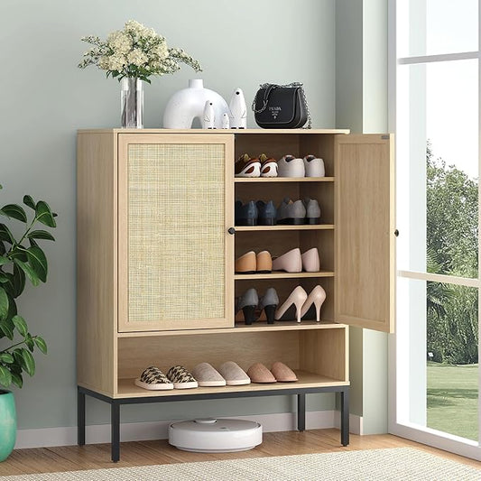 Yechen Natural Rattan Shoe Cabinet, 5-Tier Shoe Rack Storage Organizer with Doors, Metal Legs, Entryway Shoe Cabinet for Modern Heels, Boots, Entrance Hallway (1 Piece, Natural)-NeatNest