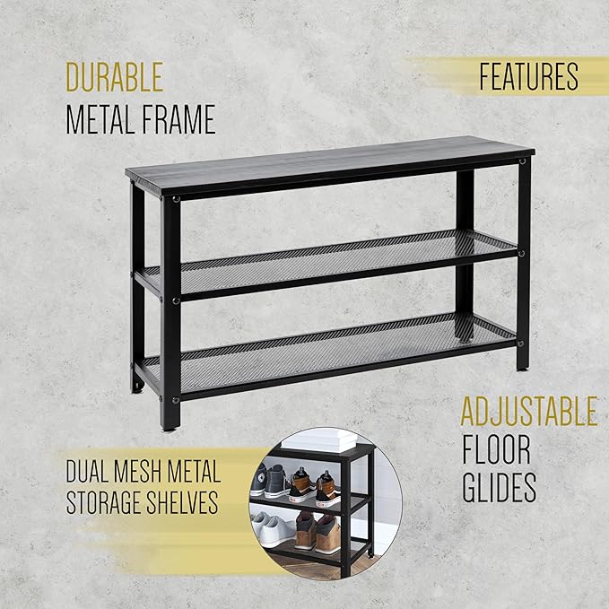 HBCY Creations Blackwash Solid Pine Wood 3-Tier Entryway Shoe Rack Bench with Metal Mesh Shelves, for Entryway, Mudroom, or Bedroom, and More!-NeatNest