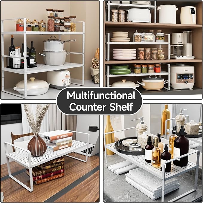2Pack Expandable Cabinet Shelf Organizers, Stackable Metal Shelves Extender for Kitchen Countertop Storage, Adjustable Spices Shelves Rack Stand for Cupboard Pantry, White-NeatNest
