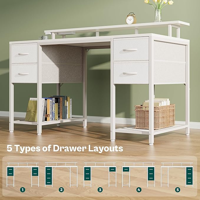Huuger 55 inch Computer Desk with 4 Drawers, Gaming Desk with LED Lights & Power Outlets, Home Office Desk with Large Storage Space for Bedroom, Work from Home, White-NeatNest
