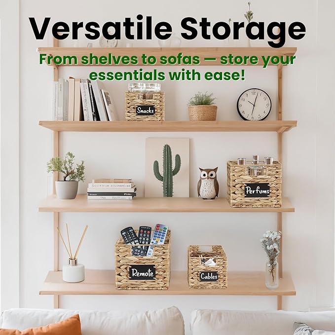 DECOMOMO Wicker Storage Baskets, Handwoven Pantry Baskets, Water Hyacinth Storage Baskets w/Chalkboard and Marker (Natural, Set of 2)-NeatNest