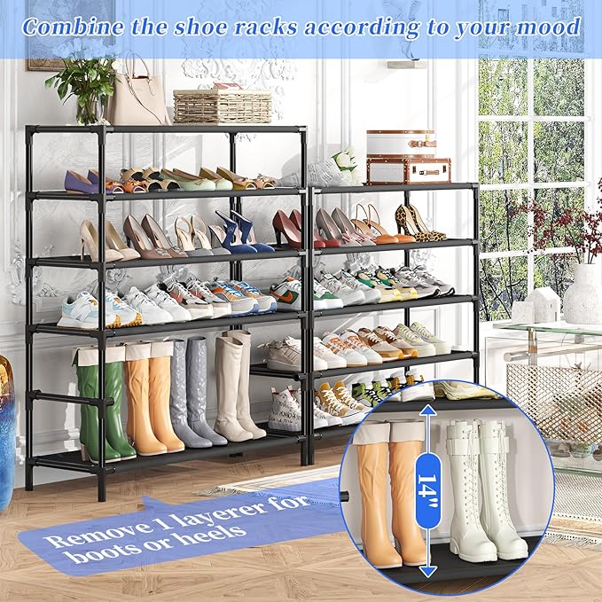 Simple Trending Tall Shoe Rack Organizer Holds 40 Pairs, 10 Tier Large Capacity Shoe Cabinet Storage with Cover for Closet, Black-NeatNest