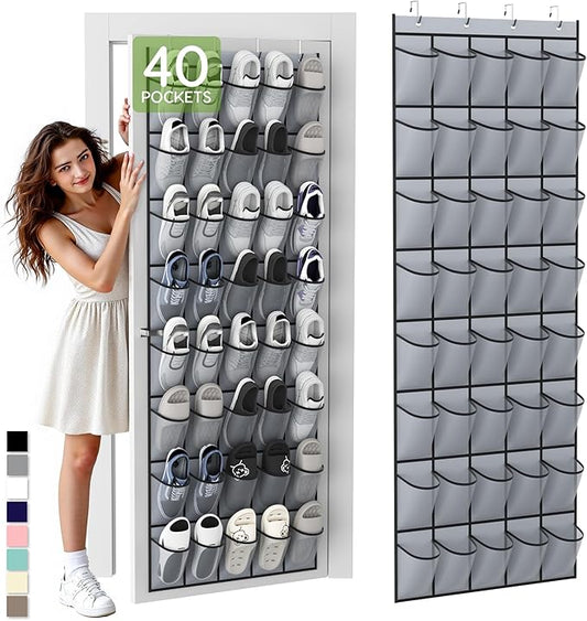 Unjumbly Over the Door Shoe Organizer with 40 Large Breathable Mesh Pockets, Space Saving Shoe Holder, Hanging Shoe Rack for Entryway Bedroom Closet Storage (Grey, 40 Pockets)-NeatNest