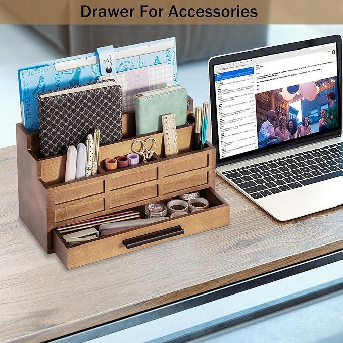 Brown Wood Desk Organizer and Accessories with Drawer, Bill Mail Organizer and File Mail Holder for Office Supplies, Rustic Desk Accessories & Workspace Organizers-NeatNest