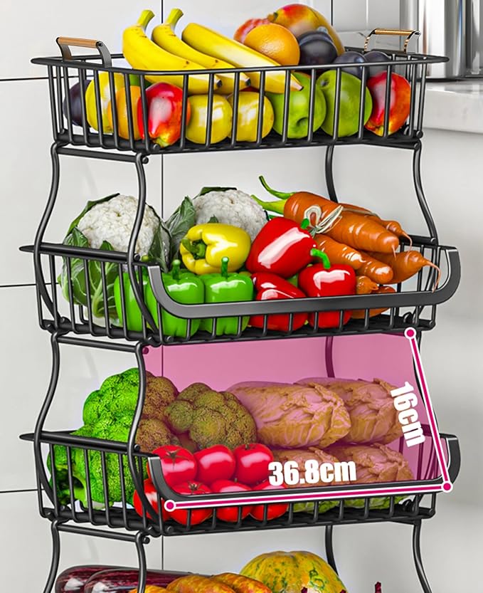 MURRI&MURRDI 6 Tier Stackable Wire Storage Baskets with Wheels, Black, Kitchen Fruit Vegetable Storage Cart