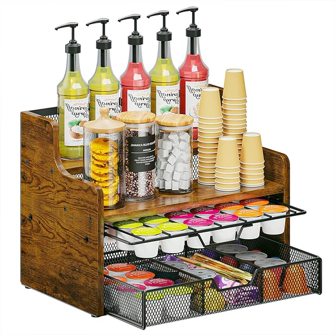 Coffee Pod Holder with Drawer & Dividers, 4-Tier Wood K Cup Organizer for Countertop, Coffee Bar Organizer Storage Box, Coffee Station Organizer for Kitchen Coffee Station-NeatNest