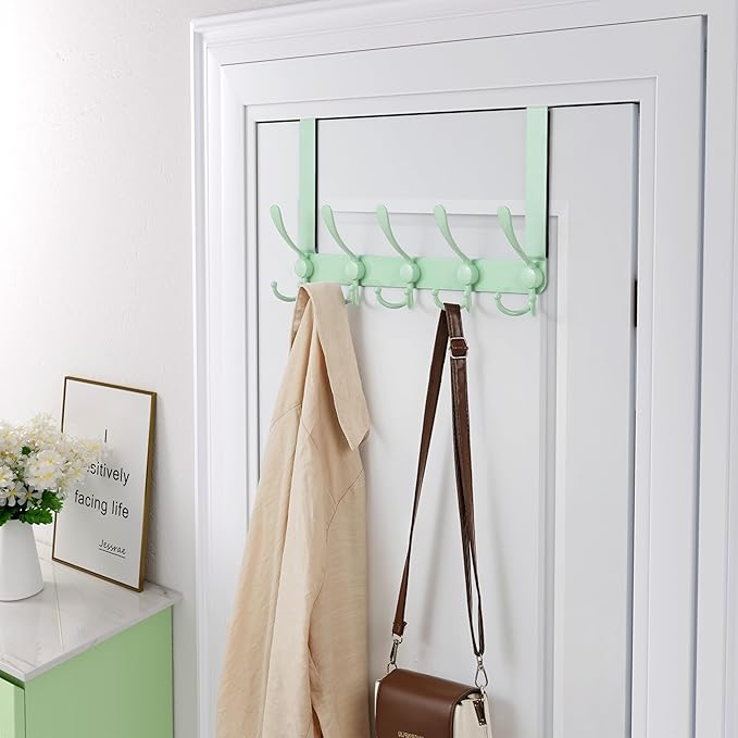 Dseap Over The Door Hook Hanger - 5 Tri Hooks, Heavy Duty Over The Door Towel Rack Coat Rack for Clothes Hat Towel, Green, 2 Packs