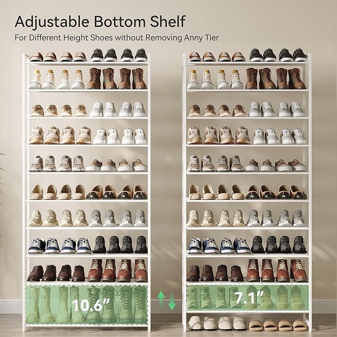 Shoe Rack, Metal Shoe Organizer, 10 Tier Garage Shoe Rack Max Holds 50 Pairs,Shoe Storage Shelf for Closet,Entryway,White-NeatNest