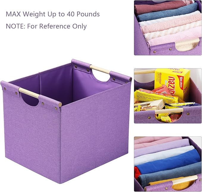 HOONEX Large Foldable Storage Bins, Linen Fabric, Pack of 2, Storage Baskets with Wooden Carry Handles and Sturdy Heavy Cardboard, for Home, Office, Car, Nursery, Purple