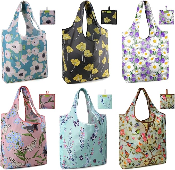 BeeGreen Reusable Gift Bags Floral Reusable Grocery Bags - Large Capacity 6 Pack Bulk Foldable Tote Bag - Recycled Ripstop Polyester Machine Washable Bags With Handles for Women Shopping-NeatNest