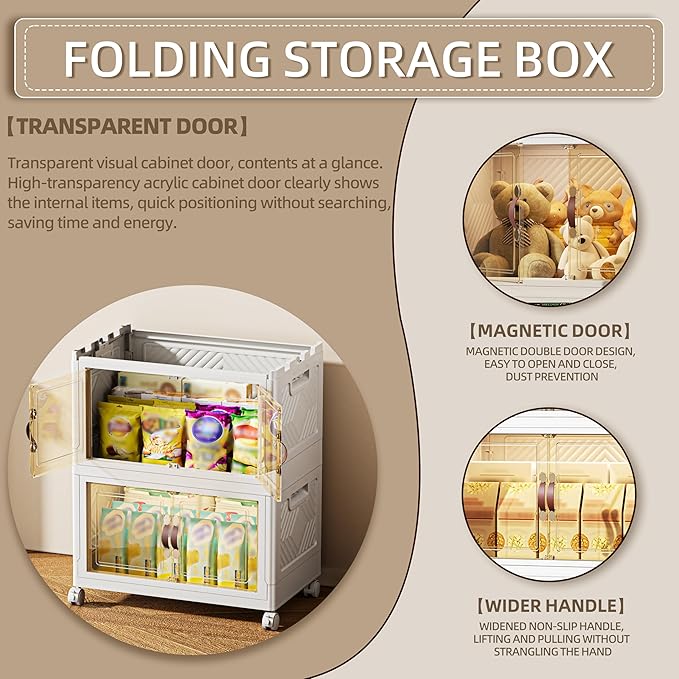 168 QT / 42 Gal Magnetic Door Storage Bins Collapsible Stackable w/1 Lid, Heavy Duty Plastic Cabinet with Wheels for Home Office Organization (White)-NeatNest