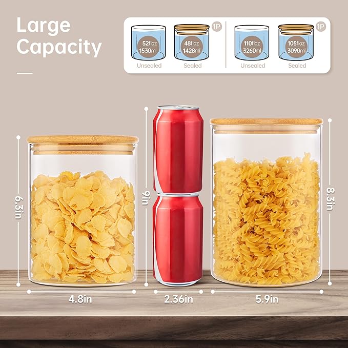 Extra Large Glass Flour and Sugar Storage Containers with Airtight lid,105 floz x1 & 48 floz x1 [Set of 2] Big Glass Jars with Bamboo Lids, Air Tight Food Jar for Cereal, Pasta, Rice, Coffee-NeatNest