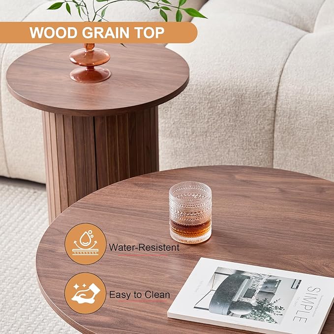 Round Nesting Coffee Tables Set of 2 -φ27.6 Large Short + φ15.8 Small Tall Boho Circle Side Tables with Fluted Drum Design