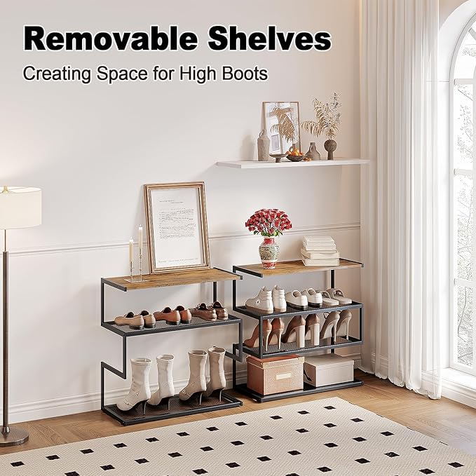 Shoe Rack, Unique 5-Shaped Free Standing Shoe Shelf, 4-Tier Wooden Shoe Organizer with Wooden Top and Steel Frame for Front Door Entrance, Entryway, Hallway, 24.41" D x 11.02" W x 23.23" H-NeatNest