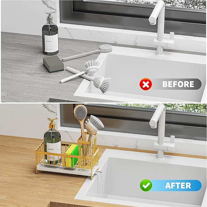 Cisily Gold Sponge Holder for Kitchen Sink, Sink Caddy Organizer with High Brush Holder, Kitchen Countertop Organizers and Storage Essentials, Rustproof 304 Stainless Steel, Soap Dispenser Organize-NeatNest