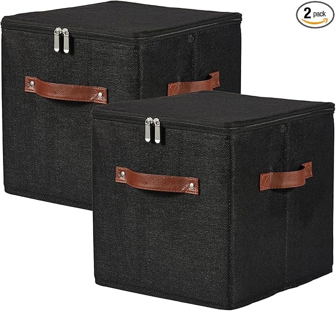2PCS Storage Cubes with Lid Fabric Storage Bins Boxes PU Leather Handles Cotton Linen Closet Organizer Container Decorative Foldable Washable Shelf Cloth Basket (Zipper Lid, Black, 11in)-NeatNest