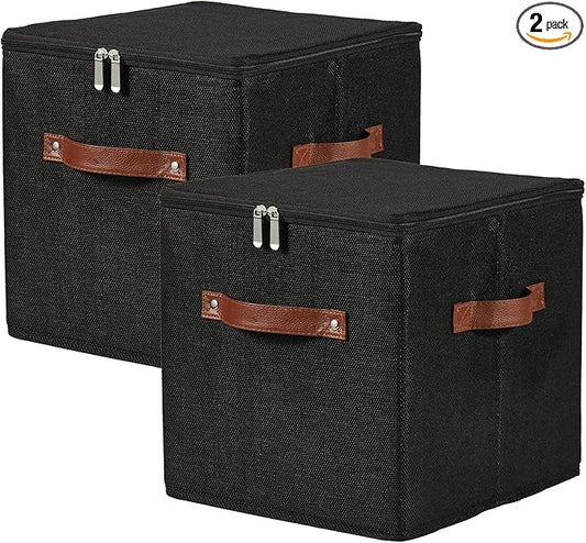 2PCS Storage Cubes with Lid Fabric Storage Bins Boxes PU Leather Handles Cotton Linen Closet Organizer Container Decorative Foldable Washable Shelf Cloth Basket (Zipper Lid, Black, 11in)-NeatNest