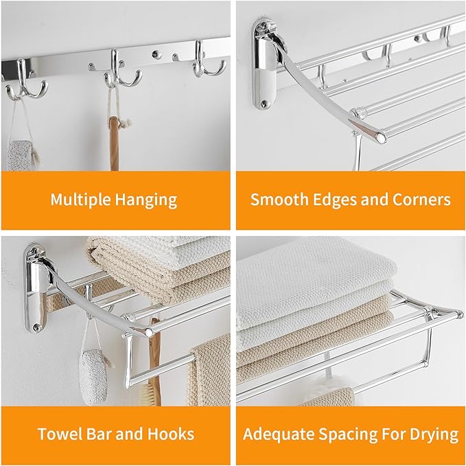 BESy 24 Inch Polished Chrome Towel Racks, Bathroom Towel Shelf with Foldable Towel Bar Holder and Towel Hooks, Wall Mounted Multifunctional Bathroom Accessories, Double Towel Bars-NeatNest
