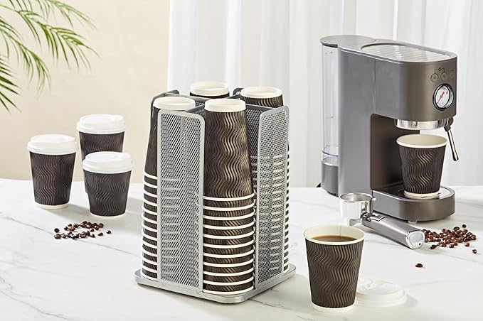 Annova Paper Cup and Lid Holder Plastic Cup Storage Organizer, 360°Rotating Coffee Cup Dispenser with 4 Compartments, Multifunctional Cup Storage Rack for Home, Office, Bar, Coffee Shop (Silver)-NeatNest