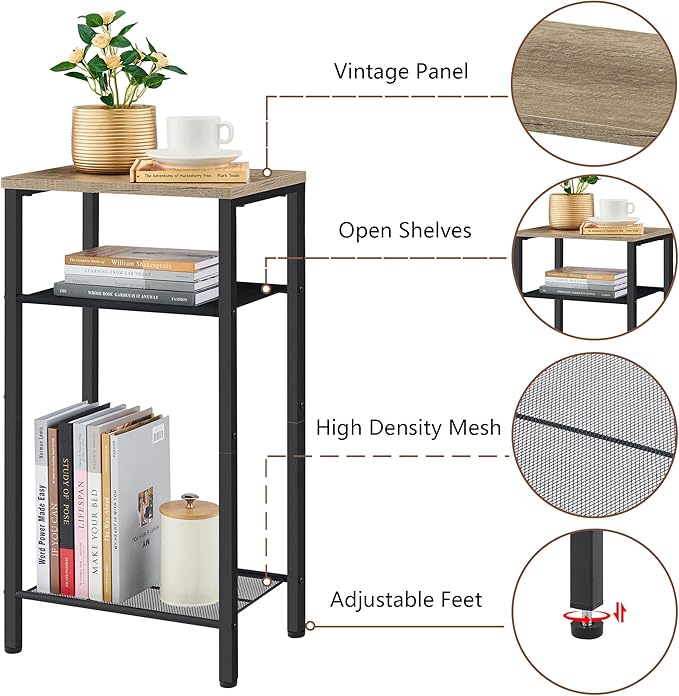 Hoctieon 2-Set 3 Tier End Table, Telephone Table Set of 2, Tall Side Table with Storage Set of 2, Small Nightstand for Small Spaces, Metal Frame, for Living Room, Bedroom, Sofa Couch, Hallway, Greige