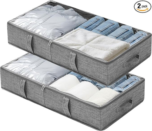Foldable Underbed Bags 2 Pack, Large Under Bed Storage Organizer Box with Handle for Organizing Clothes, Shoes, Pillows, Grey-NeatNest
