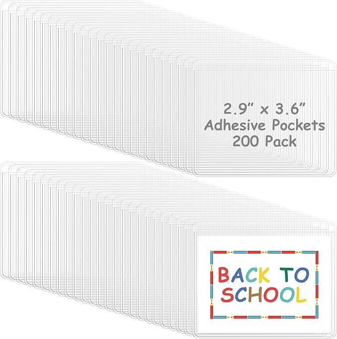 Jeyiour 200 Pcs Label Holders Adhesive Nameplate Pockets Storage Bin Labels Index Card Holder Shelf Plastic Peel Stick for Classroom Supermarket Bookshelf Library Student Box Drawer (2.9 x 3.6 Inch)