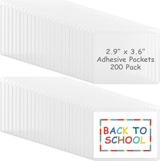 Jeyiour 200 Pcs Label Holders Adhesive Nameplate Pockets Storage Bin Labels Index Card Holder Shelf Plastic Peel Stick for Classroom Supermarket Bookshelf Library Student Box Drawer (2.9 x 3.6 Inch)