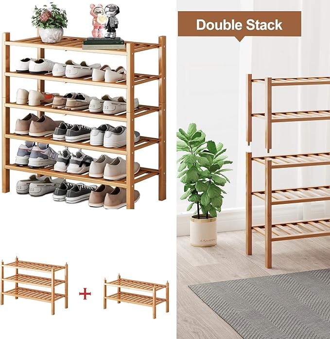 Bamboo Shoe Rack Organizer for Closet and Entryway - Space-Saving Narrow Shoe Stand - Versatile Shoe Holder for Door or Closet Shelf, Bedroom can Freely Stack DIY Small Shoe Racks 3 Tier Bamboo color-NeatNest