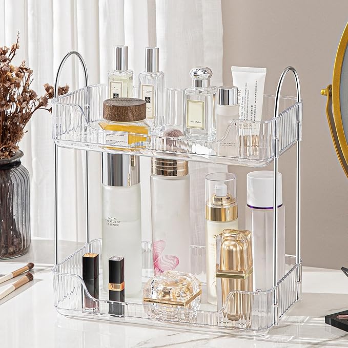 Clear 2-Tier Vanity Organizer - Countertop Shelf for Bathroom Cosmetics, Toiletries, Lotions, Perfumes-NeatNest