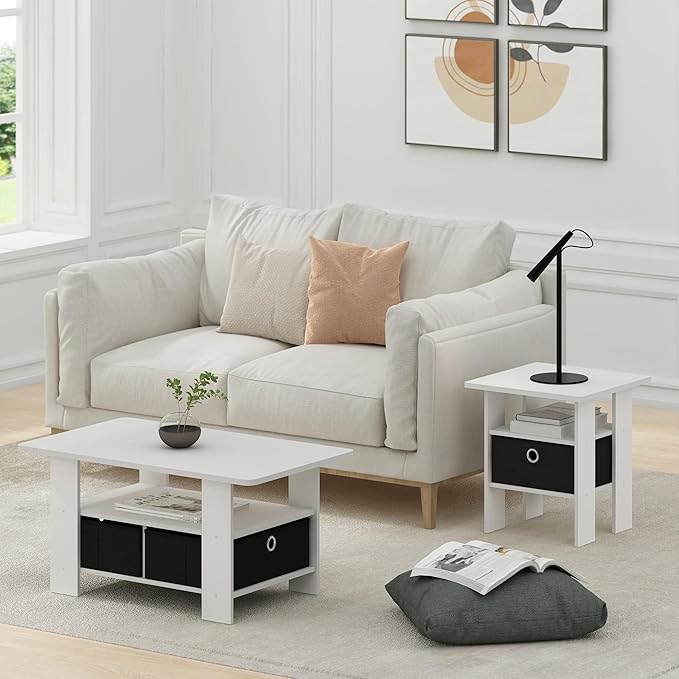 Furinno Andrey End Table Nightstand with Bin Drawer, White/Black