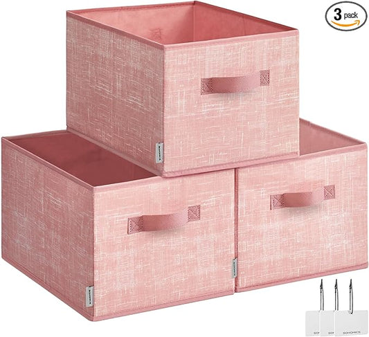 SONGMICS Storage Baskets, Set of 3 Fabric Storage Bins, 15.7 x 11.8 x 9.5 Inches, Foldable Closet Organizer for Shelves, 2 Handles, Label Holders, for Bedroom, Living Room, Jelly Pink UROB440R01
