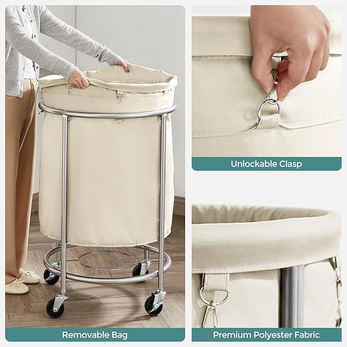SONGMICS Laundry Basket with Wheels, Rolling Laundry Hamper, 45 Gal., Round Laundry Cart with Steel Frame and Removable Bag, 4 Casters and 2 Brakes, Cream and Silver URLS01MZ