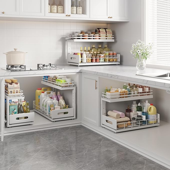 2 Pack 18 IN Depth Under Sink Organizer with Smooth Ball Bearing Slides,2-Tier Pull Out Cabinet Storage,Slide Out Drawers for Bathroom&Kitchen,Rust-resistant Coating,Height Adjustable-White-NeatNest