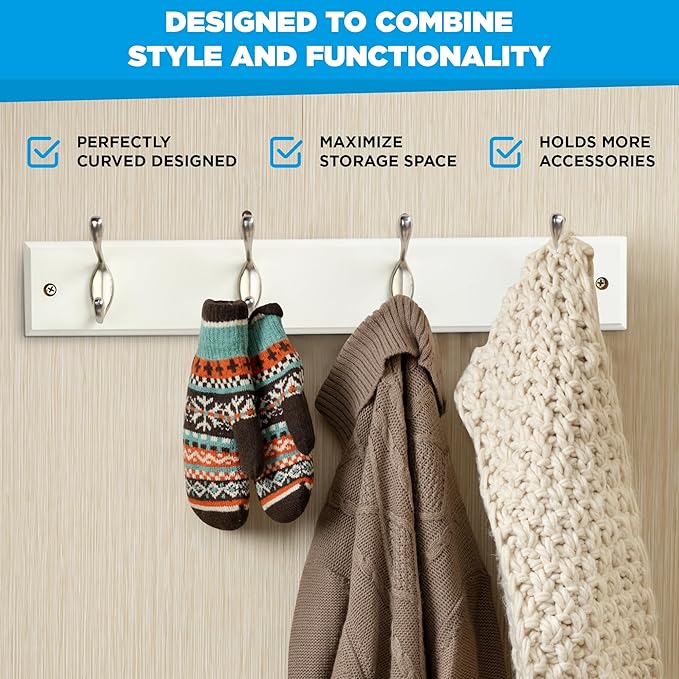 GlazieVault Coat Hooks Wall Mounted - MDF Board Nickel Hook Coat Rack(2 Pack) - Heavy Duty White -Coat Hooks for Wall Clothes Hooks and Wall Hooks-NeatNest