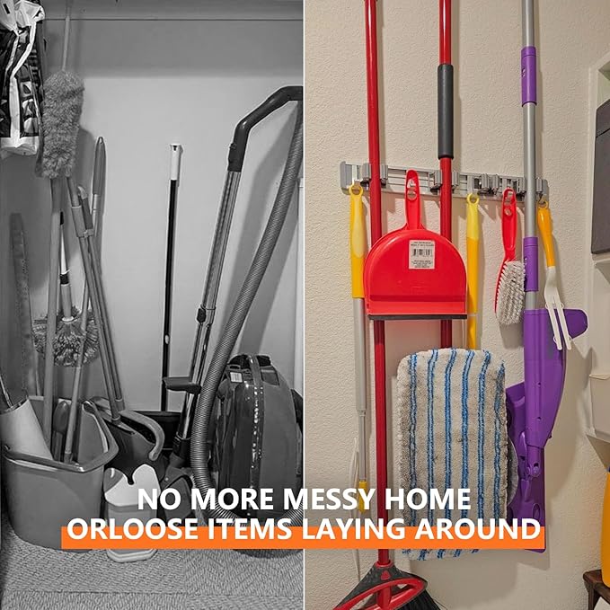 Broom Holder Wall Mount Mop and Broom Hanger Wall Mounted Garage Storage Rack Kitchen Garden Tool Organizer (5 Racks with 4 Hooks, Silver)-NeatNest